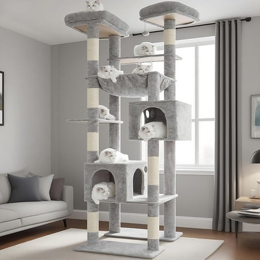 Hey-brother Tall Cat Tree Tower, Heavy Duty Scratching Posts with Large Platforms, Cozy Condos, Big Hammock, Toy Balls, Multi-Level Furniture for Indoor Adult Cats, 80.7 Inches, Light Gray MPJ039W
