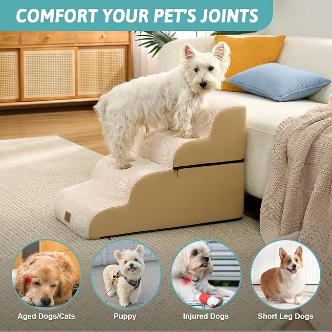 Wide Dog Stairs for Small Dogs 19.7" H, Detached Dog Step for Puppy or Older Cat, Ramp for Bed, Sofa, Couch or Chair, Ladder with High Density Foam, 17.7x28.3x19.7 inch, 4 Step, Beige