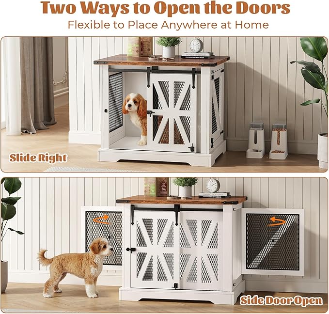VOPEAK 27.5" Small Dog Crate Furniture, Chew Resistant Dog Crate for Puppy Dogs, Heavy Duty Small Dog Crate Dog Kennel Indoor with Double Doors, Wooden End Table for Bedroom Living Room, White