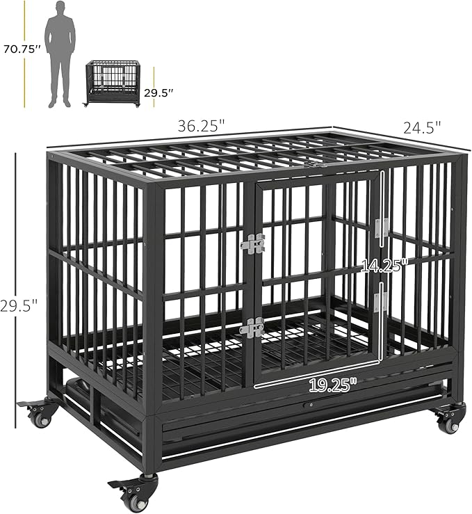 PawHut 36" Heavy Duty Dog Crate Metal Cage Kennel with Lockable Wheels, Double Door and Removable Tray, Gray