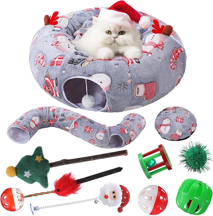 Christmas Cat Tunnel Bed with 8 Cat Toys Fluffy Plush Dog Tunnel Bed with Washable Cushion and Dangling Balls 3FT Multifunctional Playground for Small Medium Large Rabbit(Snowman,Gray)