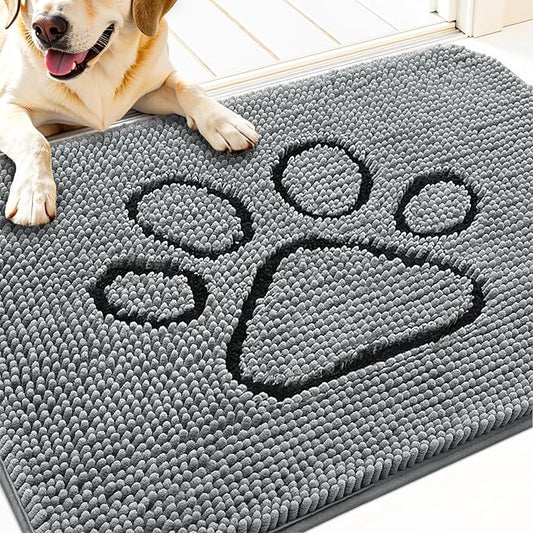 OLANLY Dog Door Mat for Muddy Paws 30x20, Paw Print Design, Absorbs Moisture and Dirt, Absorbent Non-Slip Washable Doormat, Quick Dry Chenille Mud Mat for Dogs, Entry Indoor Entryway Carpet, Grey
