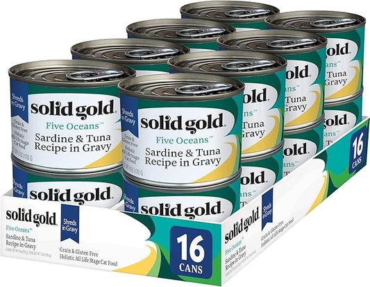 Solid Gold Wet Cat Food Shreds in Gravy - Canned Cat Food Made w/Real Tuna & Sardine - Five Oceans Grain Free 16ct/6oz Can