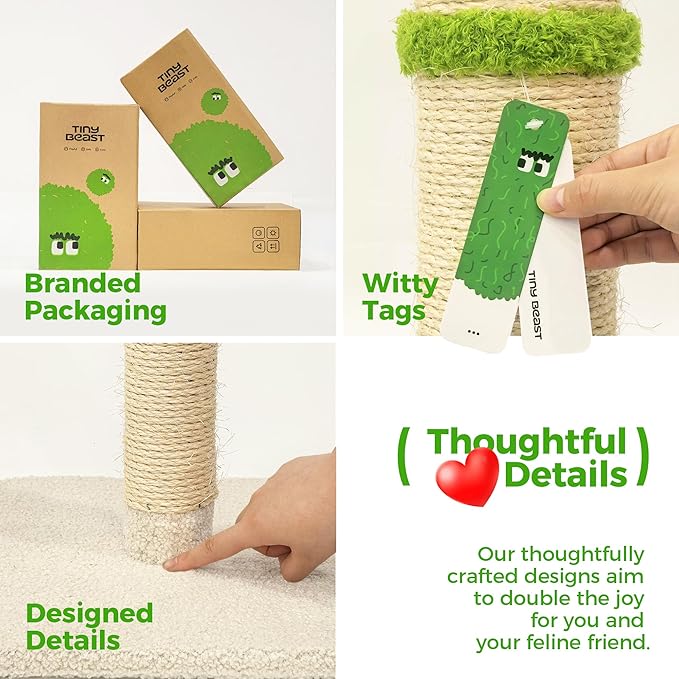 TINYBEAST 34" Tall Cat Scratching Post, Cat Scratcher Featuring Natural Sisal Rope, Cat Tree with Interactive Plush Toy Ball and Stable Base for Indoor Large Adult Cats & Kittens(Beige)