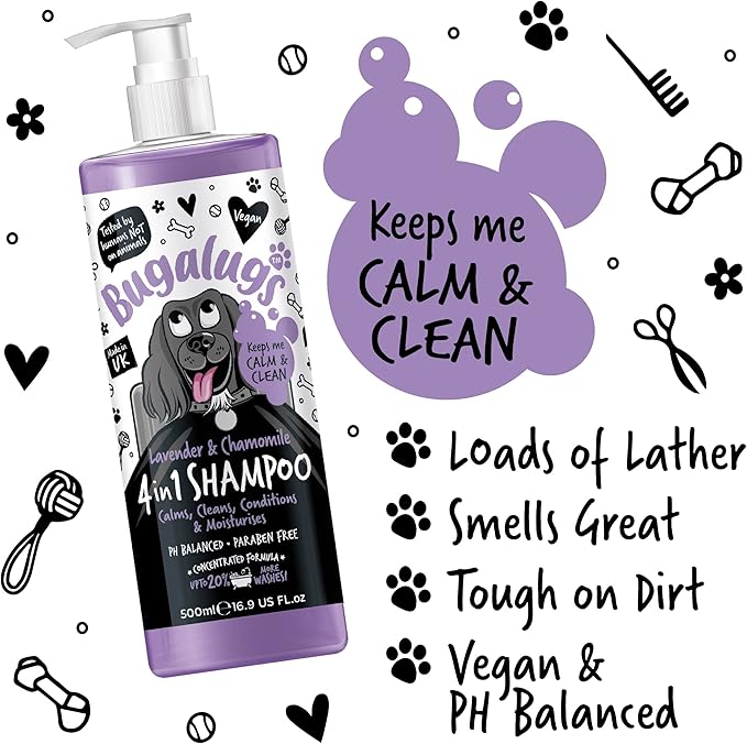 Dog Shampoo by Bugalugs Lavender & Chamomile 4 in 1 Dog Grooming Shampoo Products for Smelly Dogs with Fragrance, Best Puppy Shampoo, Vegan pet Shampoo & Conditioner