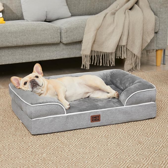 EHEYCIGA Orthopedic Dog Bed for Medium Dogs, Waterproof Memory Foam Medium Pet Beds with Sides, Non-Slip Bottom and Egg-Crate Foam Dog Couch Bed with Washable Removable Cover, Grey