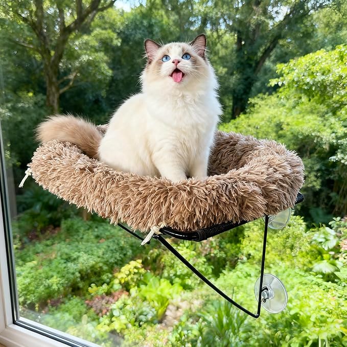 Cat Window Perch, Cordless Cat Hammock Window Seat with Sturdy Metal Frame Supports and 4 Strong Suction Cups (Brown, Long Hair)
