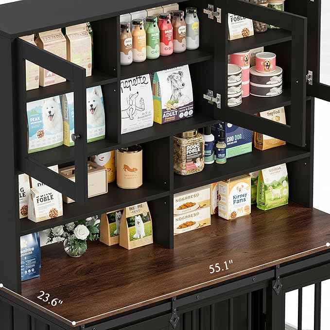 HOSTACK 71" Tall Dog Crate Furniture, 55" W Dog Kennel with Storage Hutch, XL Dog Crate for 2 Dogs with Feeding Bowls, Indoor Heavy Duty Dog Cage with Removable Room Divider, Wooden Pet House, Black