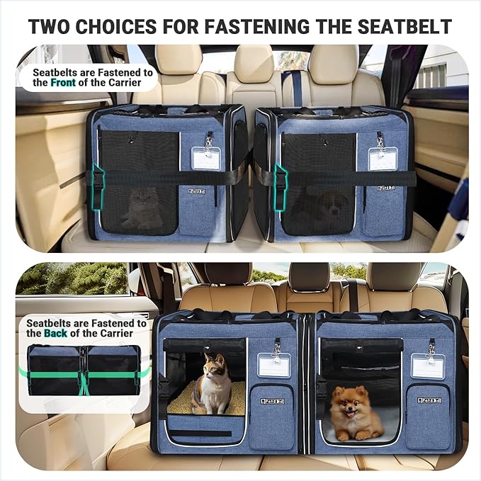 Petskd 2 in 1 Double Cat Car Travel Carrier with Litter Box, 38"x17"x18" Portable Dual Extra Large Cat Carrier for Multiple Cats with Zipper Locks for Moving Across The Country