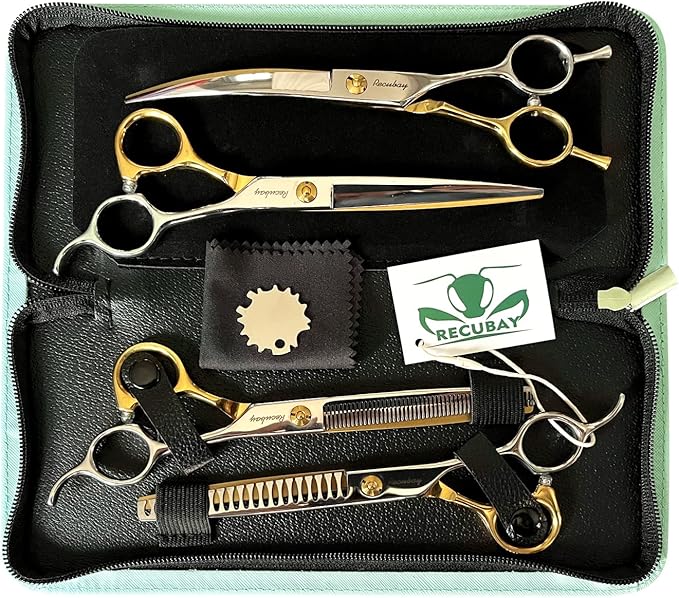 Dog Cat Scissors for Grooming, Pet Shears for Thick Coats and Matted Hair, Thinner Curved Straight Chunker Stainless Steel Shears Gold