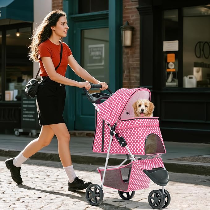 Cat Dog Stroller,3-Wheels Pet for Medium/Puppy Dogs 30 Lbs, Cat Strollers for 1 Cats, Foldable Dog Stroller with Storage Basket and Cup Holder, Breathable Mesh Pink Polka Dots