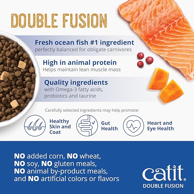 Catit Recipes Double Fusion Skin & Coat Cat Food – Ocean Fish Recipe, High-Protein, Freeze-Dried Raw Toppings, Omega-Rich for Healthy Skin & Fur, No by-Products, Minimally Processed, 10 lb