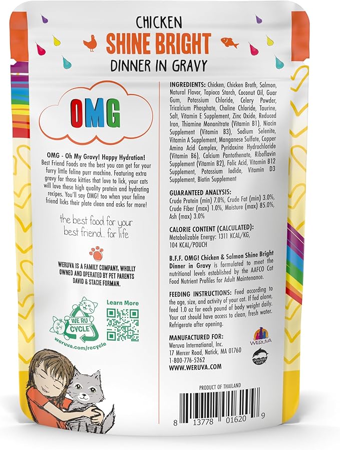 Weruva B.F.F. OMG - Best Feline Friend Oh My Gravy!, Chicken & Salmon Shine Bright with Chicken & Salmon in Gravy, 2.8oz Pouch (Pack of 12)