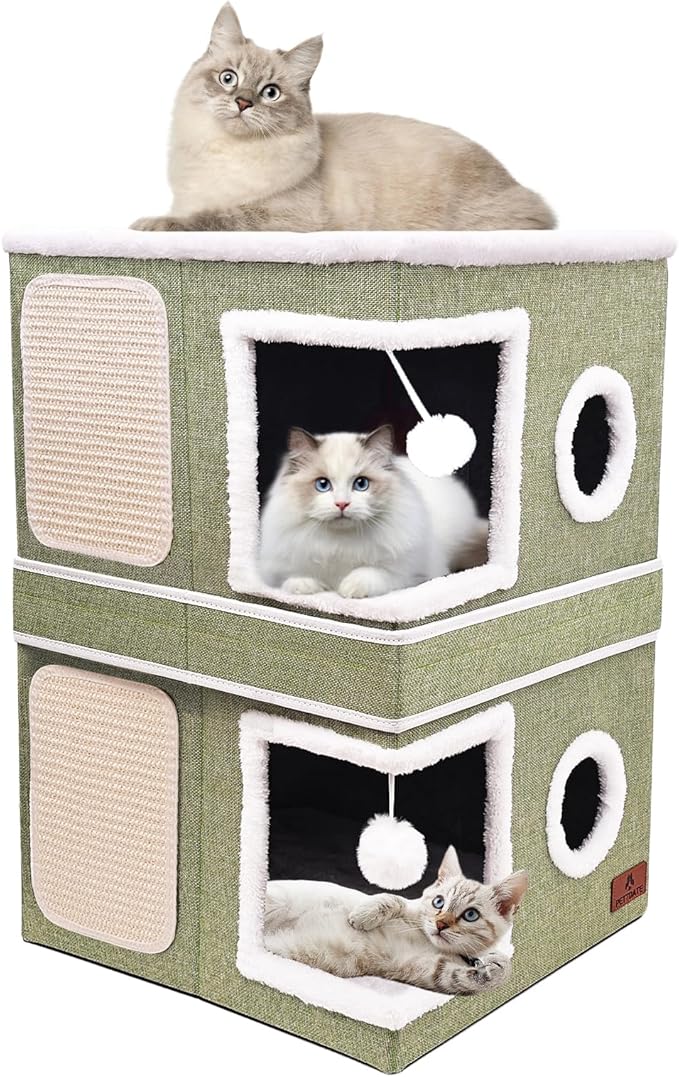 2-Story Cat House for Indoor Cats, Dual-Purpose Cave Bed with Scratch Pad and Fluffy Ball, Foldable Cat Hideaway, Cute Condo Furniture for Multi Small Pet Kitten, Green
