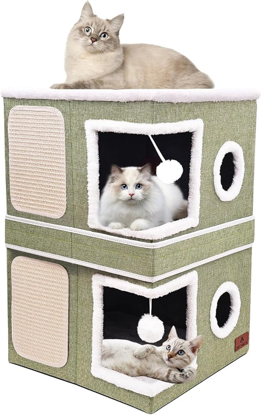 2-Story Cat House for Indoor Cats, Dual-Purpose Cave Bed with Scratch Pad and Fluffy Ball, Foldable Cat Hideaway, Cute Condo Furniture for Multi Small Pet Kitten, Green