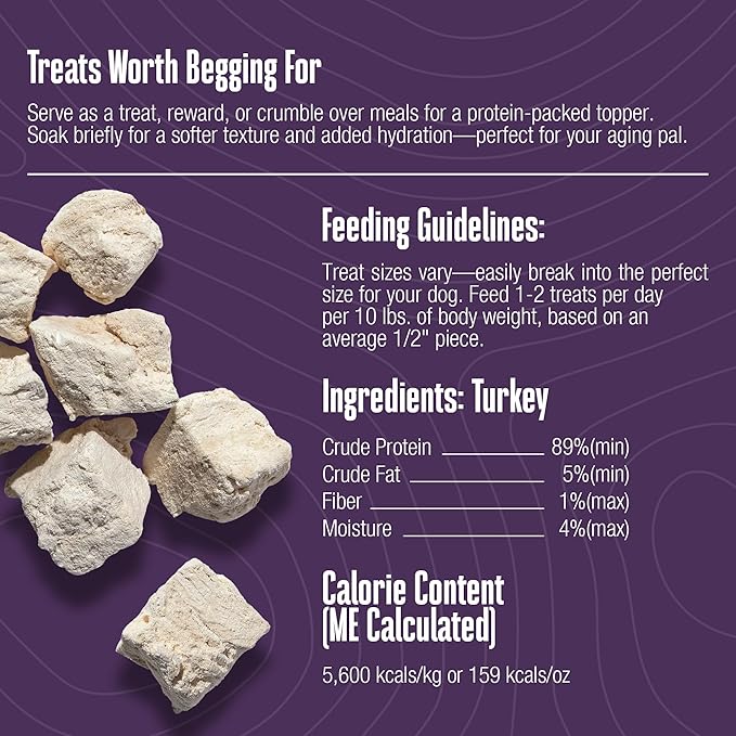 Whole Life Dog Just One Turkey Freeze Dried Dog Treats - Human Grade High Protein Food, Healthy Training Snacks, Freeze Dried Food Toppers, USA Made Natural Treats - 2.5 oz (Value Pack of 1)