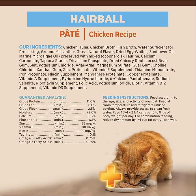 Wellness CORE+ Hairball Pate Adult Wet Cat Food, Natural, Protein-Rich, Grain Free, 2.8 Ounce, 12 Pack (Chicken)