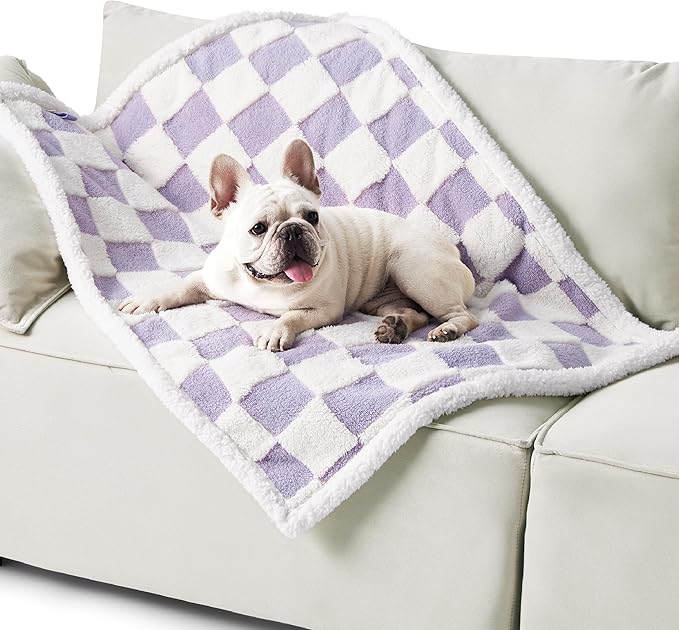 Lesure Waterproof Dog Blanket for Medium Dogs - Washable Double Sided Dog Blankets with Warm Jacquard Shag and Soft Sherpa Fleece, Pet Cat Blanket for Couch Protection, 3D Textured Checks, Purple