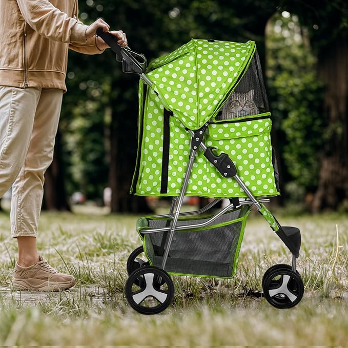 Magshion 3-Wheel Pet Stroller, Foldable Travel Jogger for Small & Medium Dogs & Cats (Up to 33lbs), Lightweight Carrier with Breathable Mesh Cover, Cup Holder & Storage Basket, Lawn Green Polka Dots