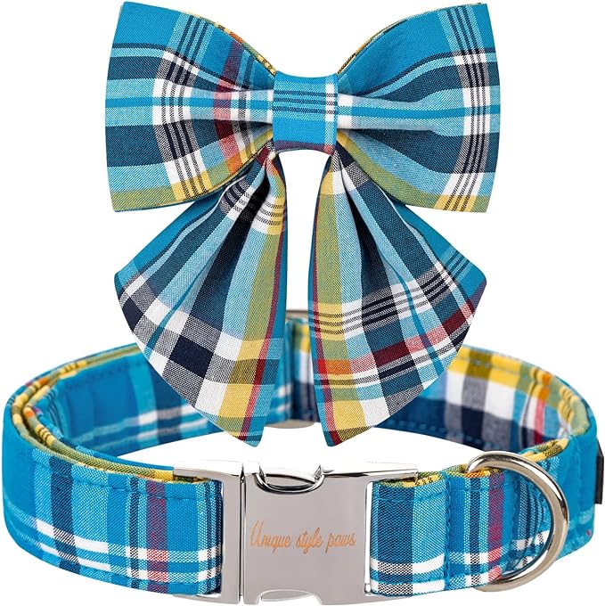 Unique style paws Blue Plaid Dog Collar with Bow Cute Puppy Collar for Small Medium Large Dogs as Autumn Winter Pet Gifts-M