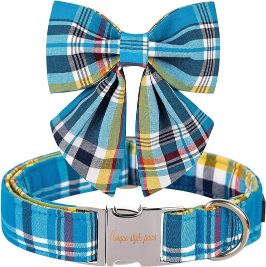 Unique style paws Blue Plaid Dog Collar with Bow Cute Puppy Collar for Small Medium Large Dogs as Autumn Winter Pet Gifts-M