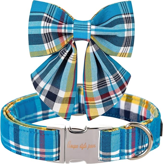 Unique style paws Blue Plaid Dog Collar with Bow Cute Puppy Collar for Small Medium Large Dogs as Autumn Winter Pet Gifts-XL
