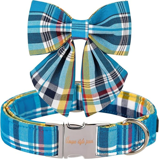 Unique style paws Blue Plaid Dog Collar with Bow Cute Puppy Collar for Small Medium Large Dogs as Autumn Winter Pet Gifts-XL