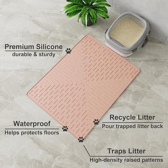 Cat Litter Mat Large Trapping Mat Premium Silicone Rubber 31.5x23.6 Coral, Waterproof and BPA Free Kitty Litter Box Mat, Easy to Clean and Keeps The Floor Tidy