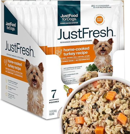 JustFoodForDogs JustFresh Wet Dog Food, Fresh Pet Meals and Toppers with No Preservatives, Resealable Package, Human Grade, Home-Cooked Turkey, 12 oz - 7 Pack