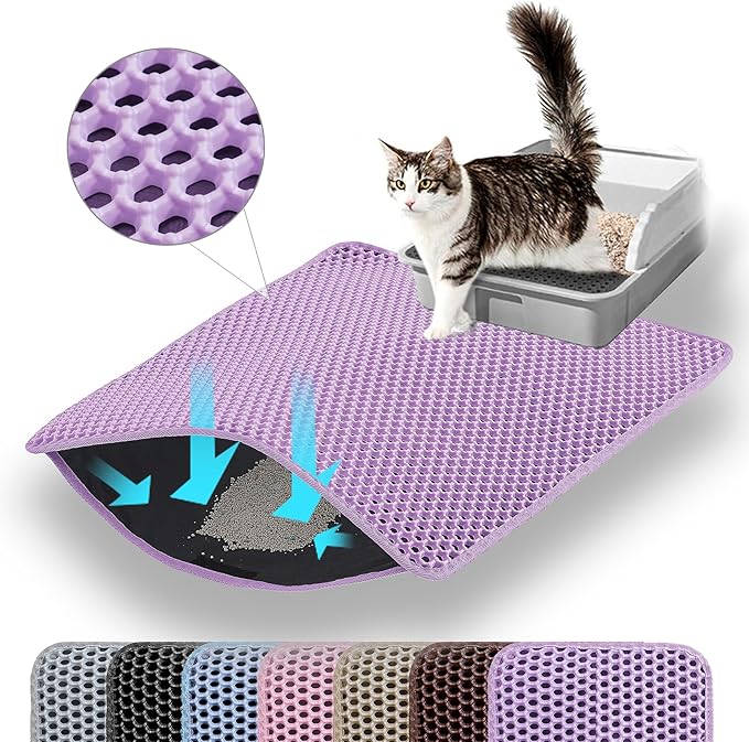 Cat Litter Mat, 24x18 Inches Large Double Layer Honeycomb Cat Litter Trapping Mat, Non Slip Waterproof Urine Proof Cat Litter Box Mat for Floor, Kitty Litter Rug, Cat Supplies, Purple