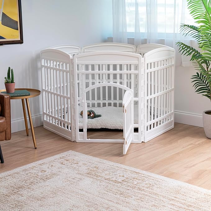 IRIS USA 34" 6-Panel Dog Playpen with Door, 44 x 63 x 34, Puppy Fence, Puppy Playpen, Dog Play Pen Indoors, Pet Fence, Puppies/Small Dogs, White