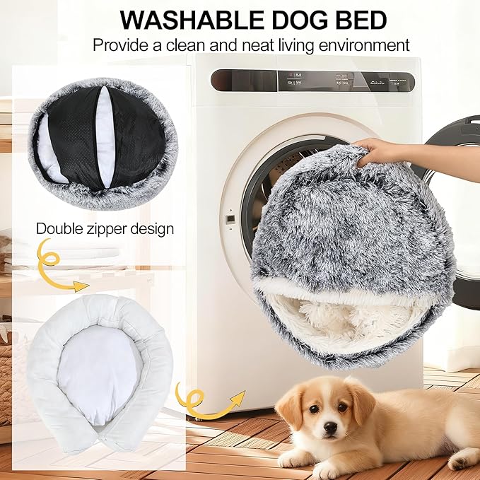 Calming Dog Beds & Cat Cave Bed with Hooded Cover,Removable Washable Round Beds for Small Medium Pets,Anti-Slip Faux Fur Fluffy Coved Bed for Improved Sleep,Fits up to 15/25 lbs(Grey,M)