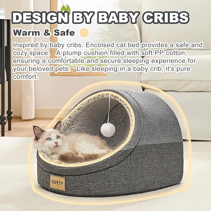 Jiupety Cute Cat Beds for Indoor Cats, Cat Cave Bed for Kittens, Large Cat Cave and Covered Cat Bed with Anti-Slip Bottom, Washable Removable Cushion, M(16"x16"x13"), Dark Gray