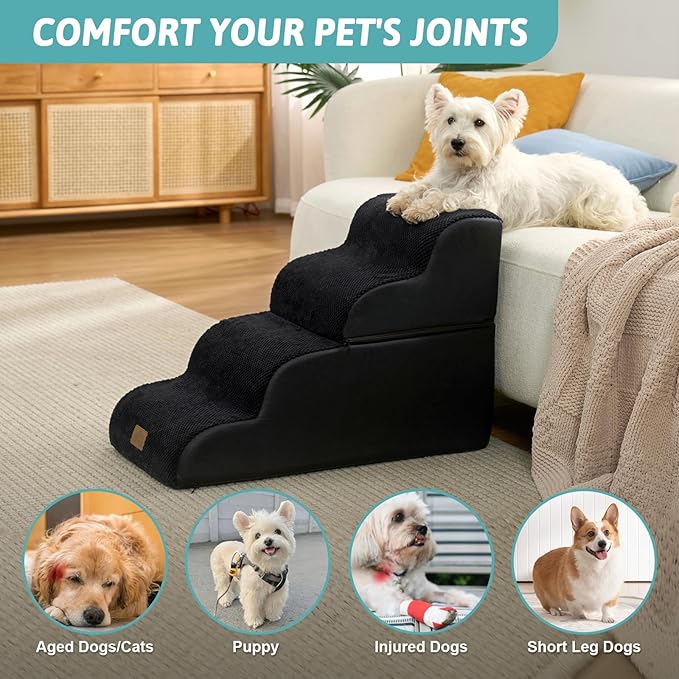 Dog Stairs for Small Dogs 19.7" H, Detached Dog Step for Puppy or Older Cat, Ramp for Bed, Sofa, Couch or Chair, Ladder with High Density Foam, 15.7x28.3x19.7 inch, 4 Step, Black