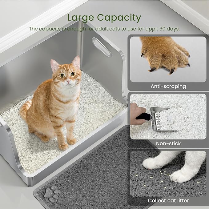 One-Piece Stainless Steel Cat Litter Box, 14.5" High-Sided Metal Litter Pan with Extra Wide Entry, Rust-Proof, Easy to Clean, No Odor, with Wheels & Handles, Perfect for Large or Multi-Cat Homes