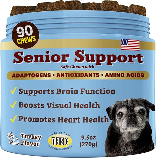 Natural Dog Company Senior Dog Vitamins Chew for Brain, Heart & Eye Health - Cognitive Support, Vision Clarity & Cardiovascular Function with Omega-3s, Lion’s Mane Senior Dog Supplements, 90 cnt