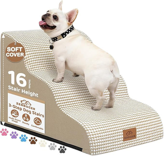 Dog Ramp and Stair for Bed 16" H-20 H,3-Step Cat Stair for Sofa and Chair,4-Step Dog Ramp for High Bed and Window,Durable Nonslip Fabric Cover for Indoor (Beige-16 H, Pet Friendly, 3)