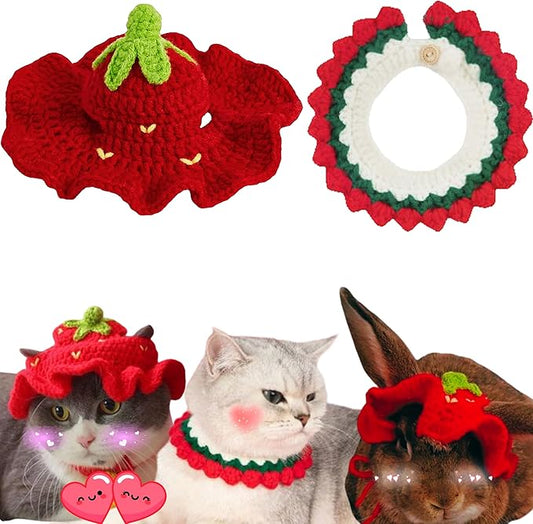 Cute Rabbit Knitted Hat and Collar Set, Bunny Hats and Necklace for Rabbits Guinea Pig Small Dog Cat, Hats for Pet Rabbits, Pet Bunny Costume for Birthday Party Christmas, Rabbit Accessories