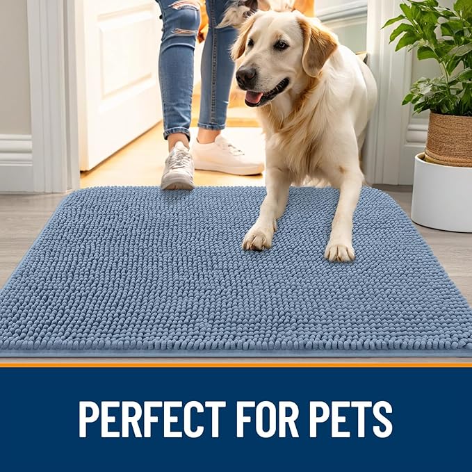 OLANLY Dog Door Mat for Muddy Paws 40x32, Absorbs Moisture and Dirt, Absorbent Non-Slip Washable Doormat, Quick Dry Chenille Mud Mat for Dogs, Entry Indoor Entryway Carpet for Inside Floor, Airy Blue