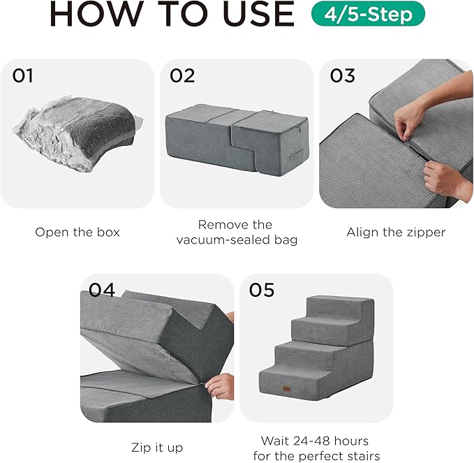 Made4Pets Dog Stairs for High Bed, Extra Wide Pet Stairs for Bed Couch Sofa, 35D Foam Pet Steps for Small Dogs and Cats(Up to 40lbs), Non-Slip Bottom Dog Steps, Grey, 5 Steps