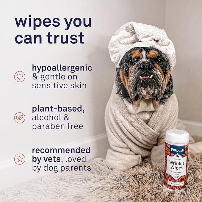 Petpost XL Wrinkle Wipes for Dogs | 60 Count Large 5x7 Dog Face & Wrinkle Cleaner | Gentle Pet Wipes with Coconut Oil & Aloe for Bulldogs, Pugs & Wrinkly Breeds | Dog Cleaning Wipes