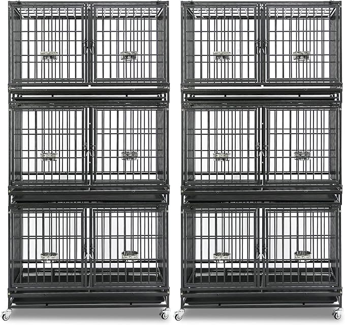 Homey Pet 2 Pack Three Tiers 43 inch Stackable Heavy Duty Dog Crate with Wheels, Indestructible Steel Dog Cage Kennel Indoor with Detachable Divider, Trays, Feeding Bowls, Escape Proof Locks