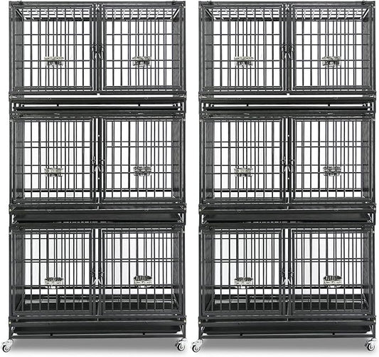 Homey Pet 2 Pack Three Tiers 43 inch Stackable Heavy Duty Dog Crate with Wheels, Indestructible Steel Dog Cage Kennel Indoor with Detachable Divider, Trays, Feeding Bowls, Escape Proof Locks