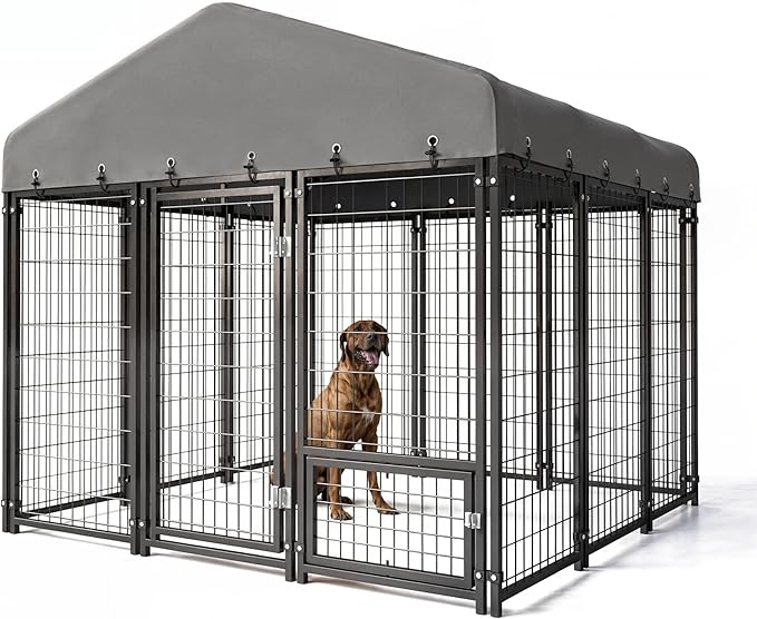 6X6FT Dog Kennel Outside Dog Kennel Outdoor with Feeding, Heavy Duty Outdoor Dog Crate Durable Dog Cage with Roof & Double Lock