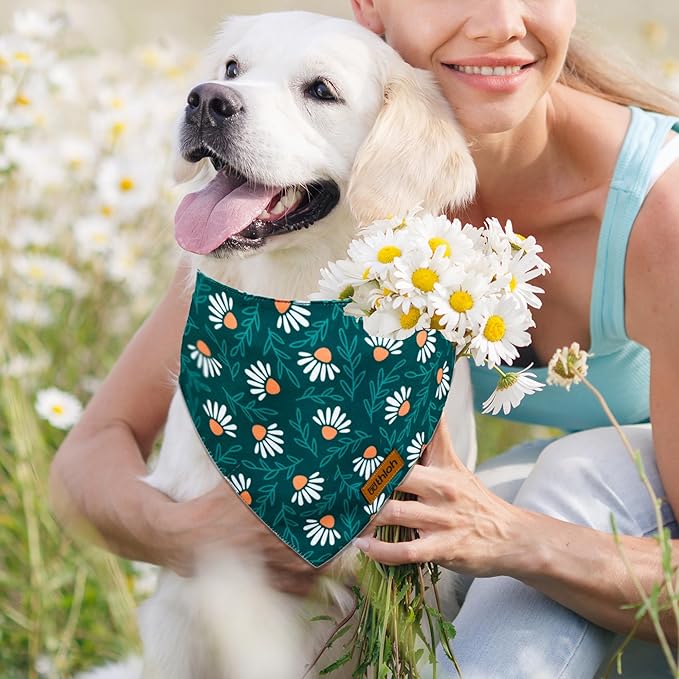 Spring Dog Bandanas with Snap Button, 2 Pack Floral Dog Scarf for Boy & Girl, Durable Fabric, Adjustable Fit, Unique Shape, Gift for Dogs, Daisy Bandana for Medium and Large Dogs (Large)