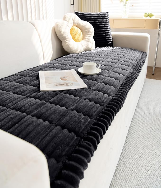 Faux Fur Plush Dog Couch Cover 3D Stripe Fuzzy Sofa Cover Non-Slip Fluffy Dog Bed Cover Pet Blanket Sofa Couch Furniture Protector for Puppy Large Dog Cat (Black,31"x94")