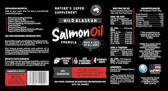 Wild Alaskan Salmon Oil for Dogs & Cats - Omega 3 Fish Oil with Pollock & Salmon for Sensitive Skin & Coat Health. EPA & DHA Ease Itching, Supports Joint, Immune & Heart Health (32oz)