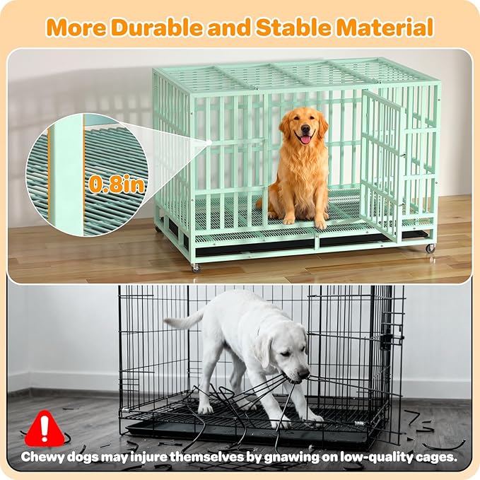 Heavy Duty Indestructible Dog Crate 48 Inch with Removable Tray, Sizes & Colors Optional, Escape Proof Double Door High Anxiety Cage Indoor, Kennel with Wheels for Large Dogs, XL XXL XXL