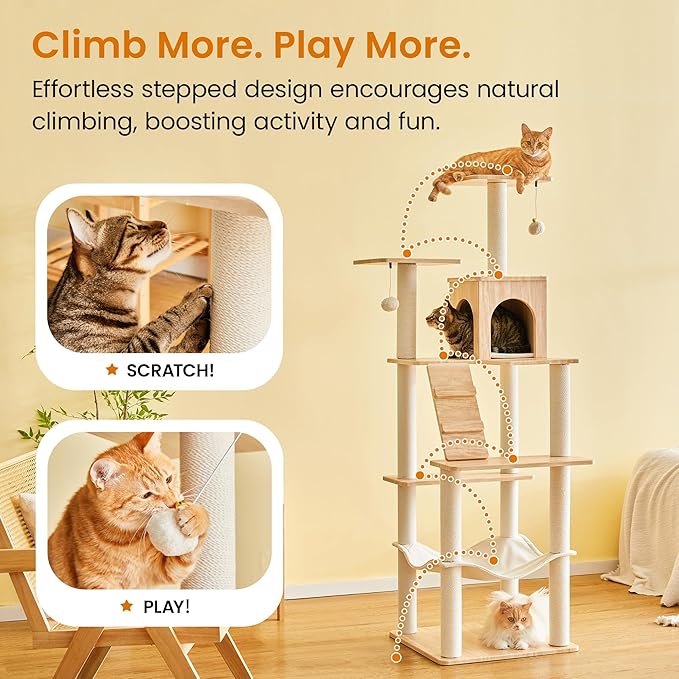 Large Modern Cat Tree - 70 inch Tall Cat Tower for Indoor Cats, Multi-Level Cat Condo with 7 Fully Wrapped Scratching Posts,2 Spacious Perches, Hammock, Cozy Pad & Dangling Balls-Light Brown