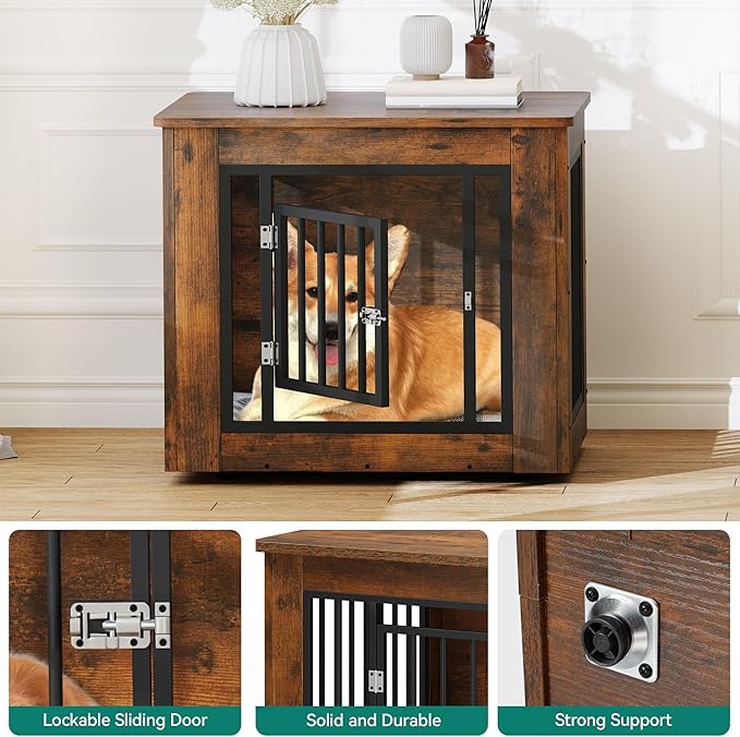 YITAHOME 27.2" L Dog Crate Furniture for Medium Dogs, 2-in-1 Iron-Wood Fusion Dog cage Indoor up to 30 lb, Side End Table, Modern Dogs Kennel with Waterproof Top, Safety Corners,Steel Lock,Rustic